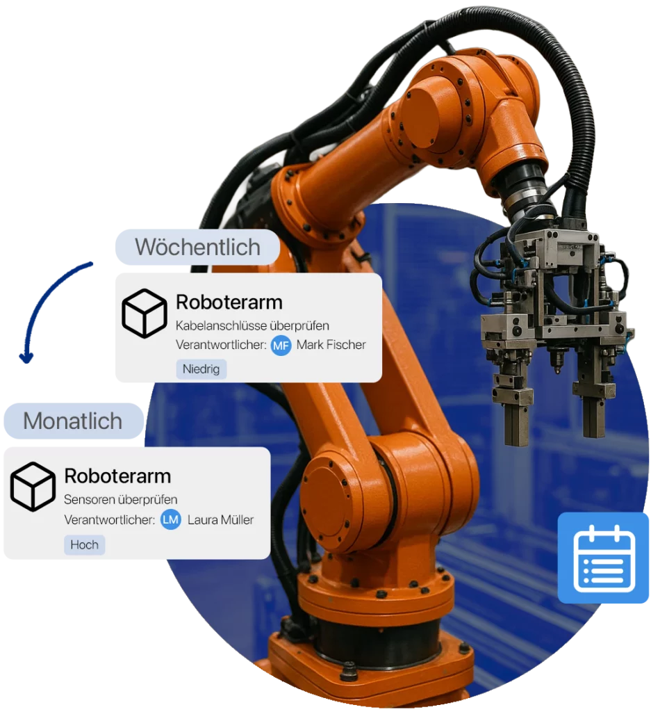 Industrieroboterarm mit eingeblendeten Wartungsaufgaben zur wöchentlichen Kabelprüfung und monatlichen Sensorinspektion.
