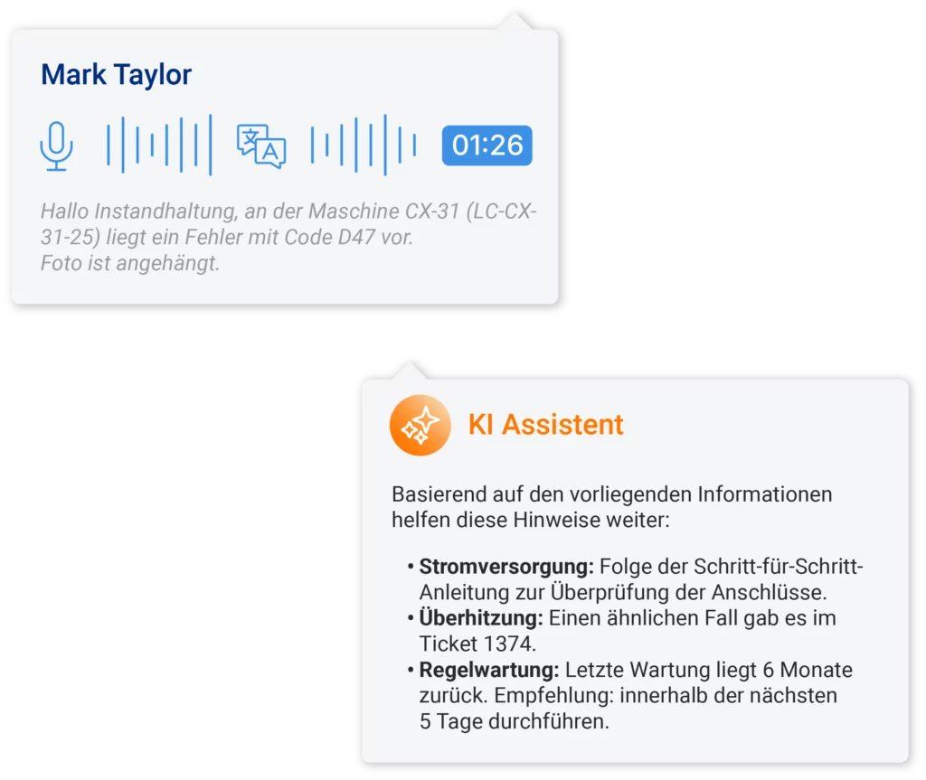 Sprachnachricht über Fehler am Laserschneider wird vom KI-Agenten analysiert, der Lösungsvorschläge zur Behebung anbietet.