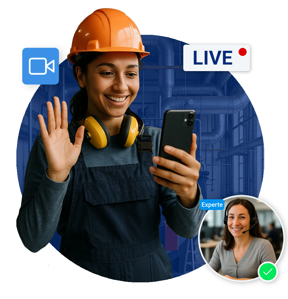 Technikerin im Remote Assistance Call mit Expertin, beide lächeln und kommunizieren live über Smartphone und Headset.