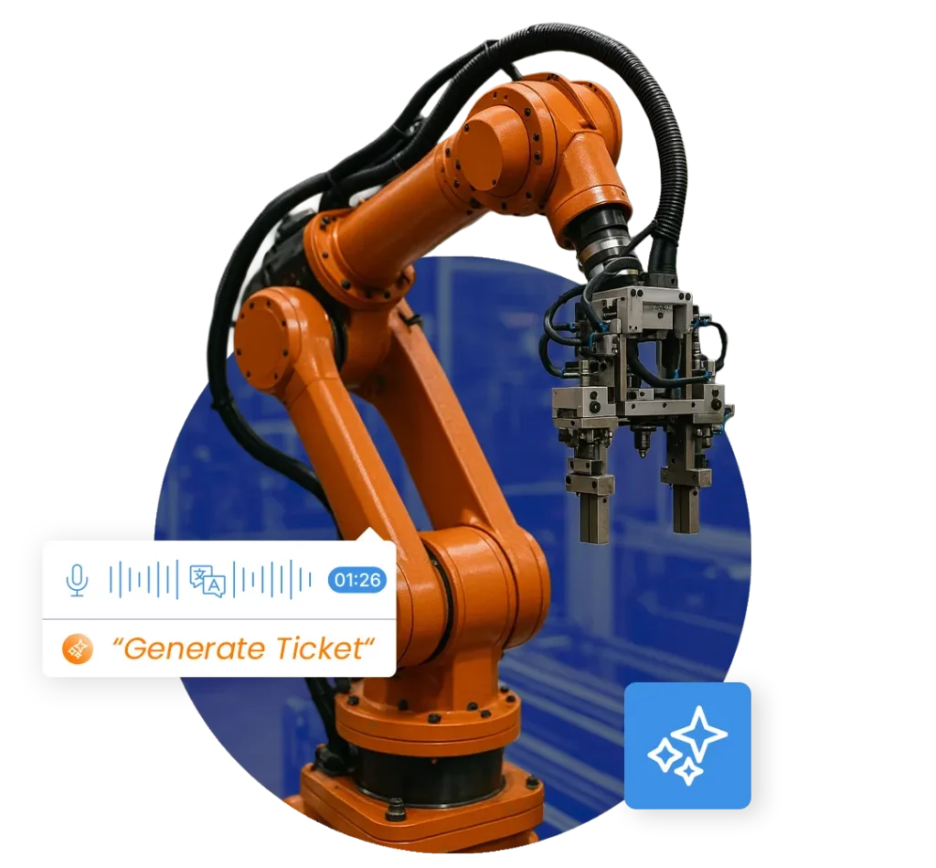Industrieroboter mit Sprachnachricht „Generate Ticket“, die automatisch erkannt, übersetzt und vom KI Assistenten verarbeitet wird.