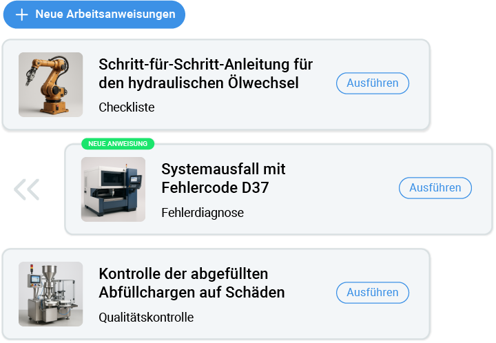 Übersicht mit drei Arbeitsanweisungen im CMMS, darunter Ölwechsel am Roboterarm, Fehlerdiagnose und Qualitätskontrolle an Abfüllanlage.