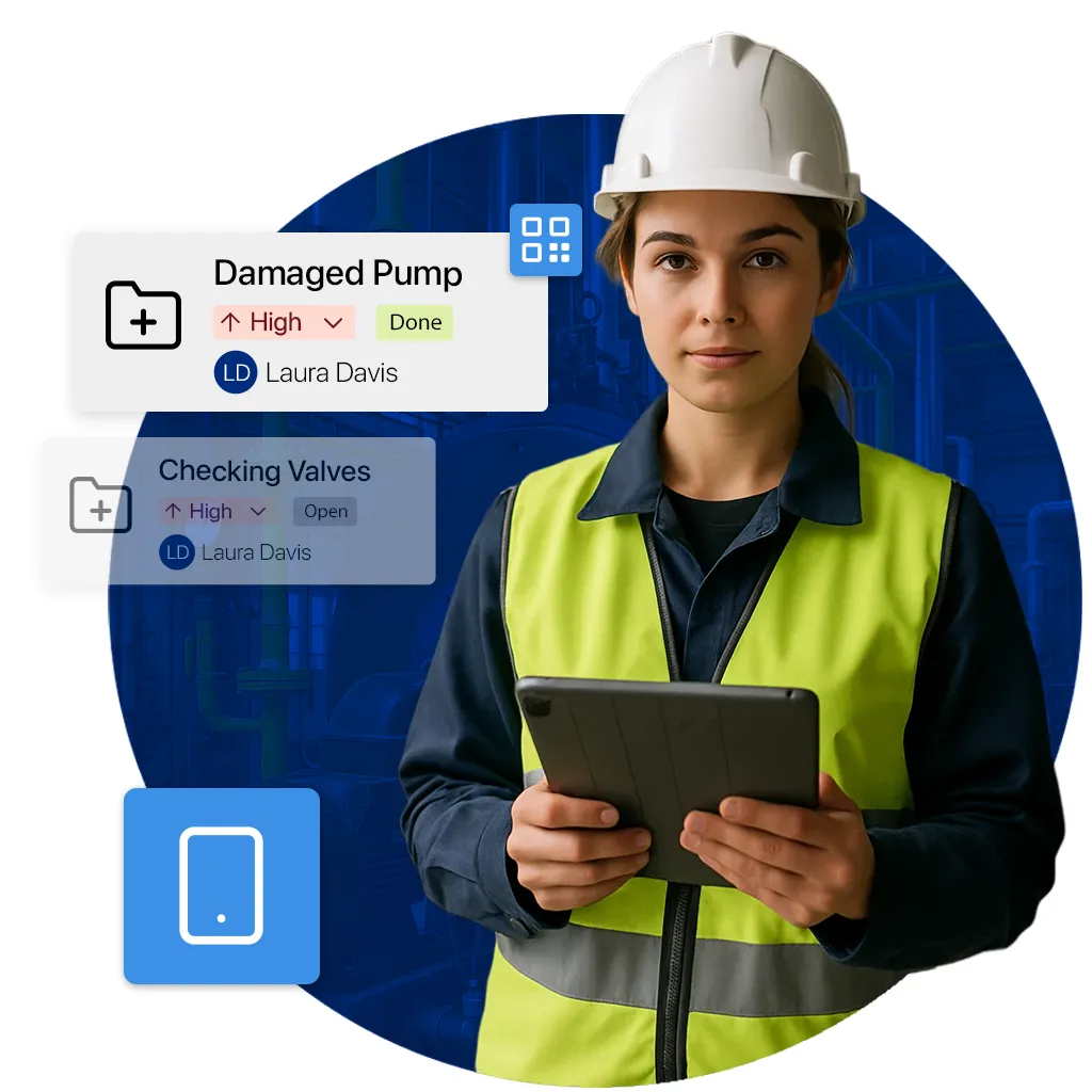 Instandhalterin dokumentiert Reparaturen im CMMS an einer defekten Pumpe und prüft offene Wartungstickets per Tablet.