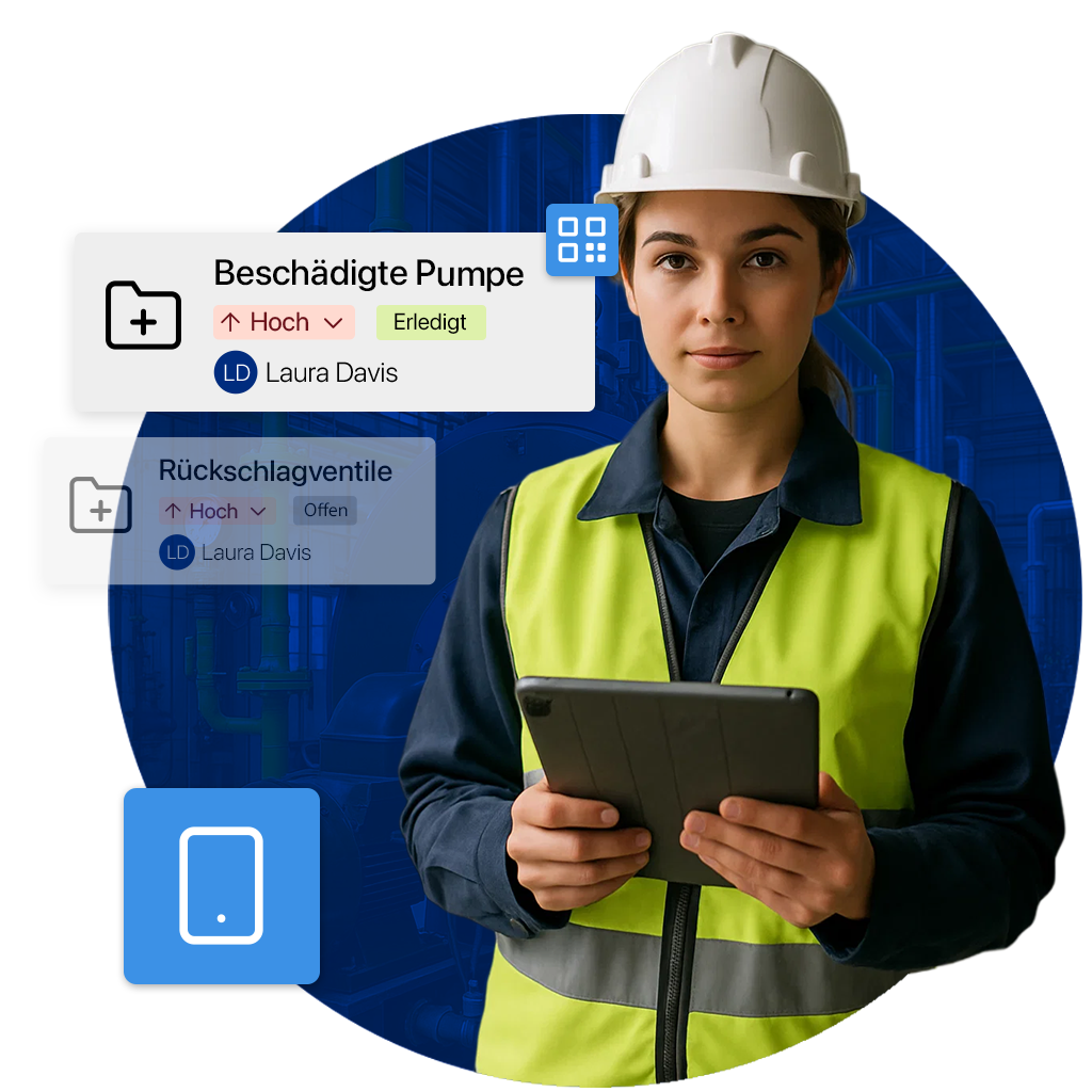 Instandhalterin dokumentiert Reparaturen im CMMS an einer defekten Pumpe und prüft offene Wartungstickets per Tablet.
