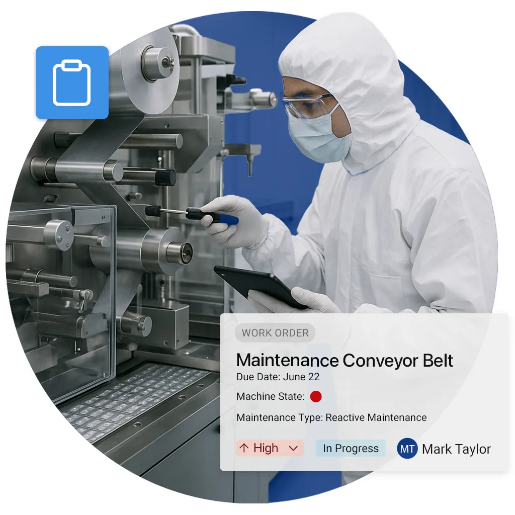 Maintenance technician in protective clothing performs maintenance on a conveyor belt in a cleanroom, machine is in error state.
