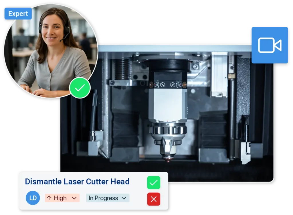 Expert supports via video call with the ticket for troubleshooting the laser cutting head with high priority status.