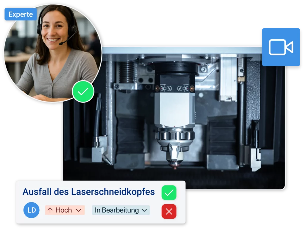 Expertin unterstützt per Video Call bei dem Ticket zur Fehlerbehebung des Laserschneiderkopfes mit hohem Prioritätsstatus.