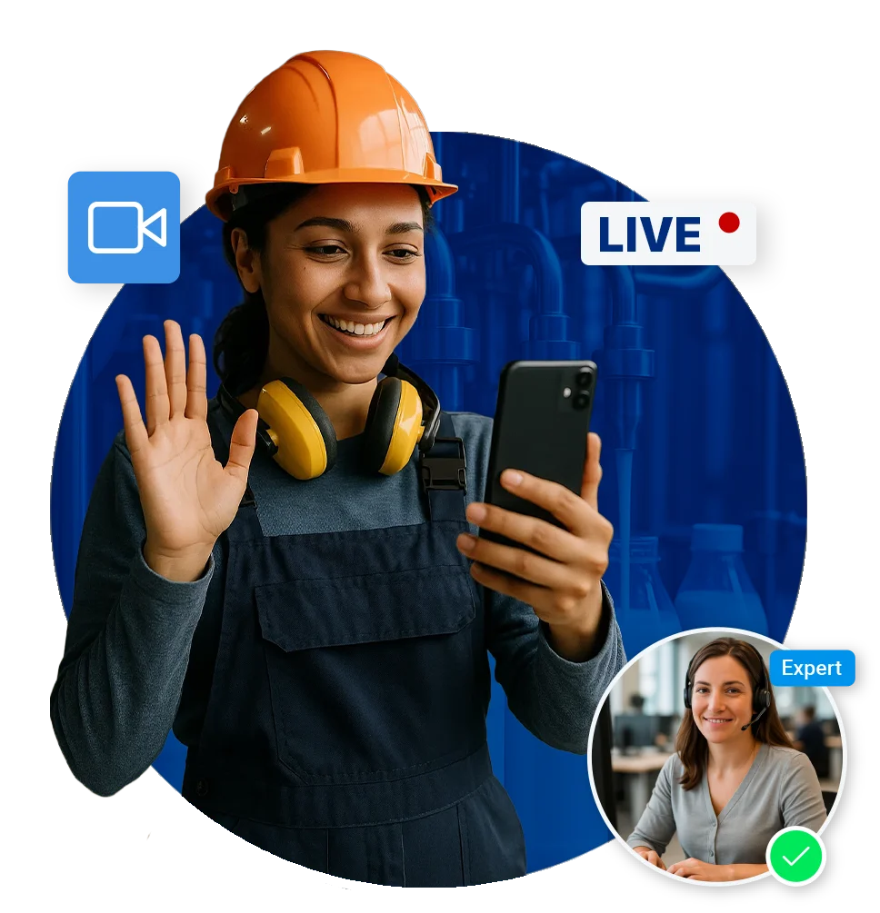 Technician on a remote assistance call with expert, both smiling and communicating live via smartphone and headset.