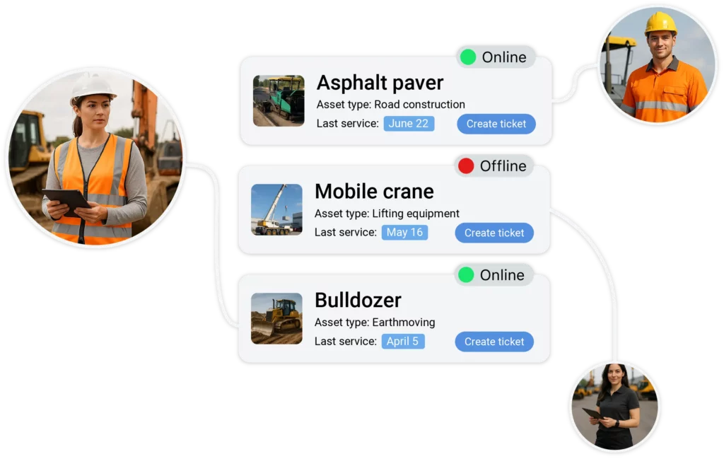 Construction workers monitor the status of machines like asphalt paver, mobile crane, and bulldozer using tablets.