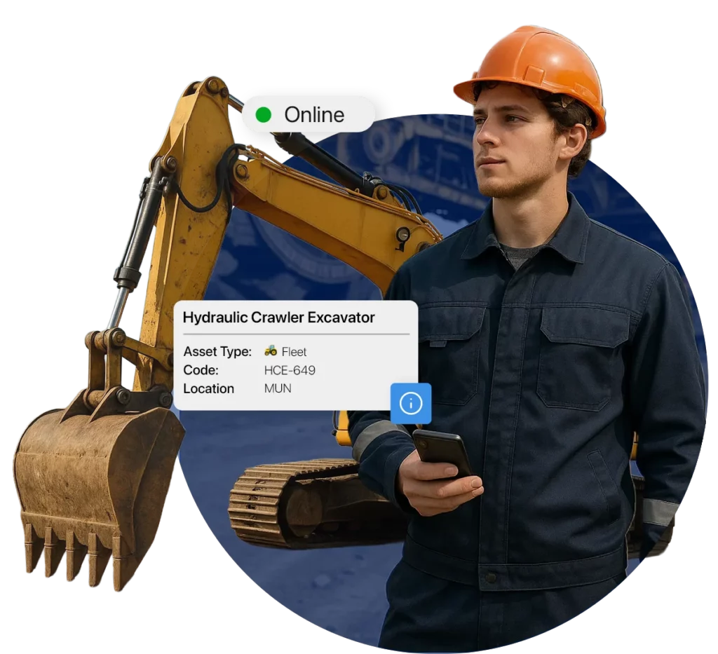 Technician with smartphone stands in front of a crawler excavator, shown as online with location and asset details.