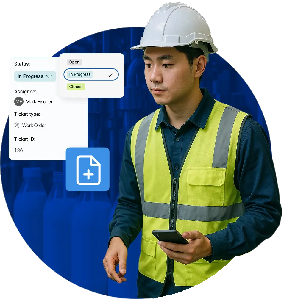 Worker in safety vest with smartphone manages a digital work order currently marked as “In Progress.”