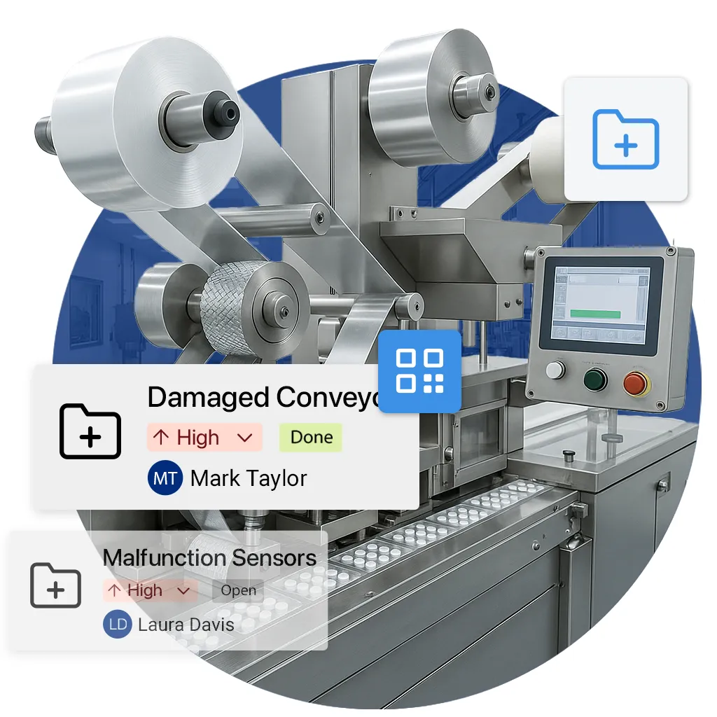 Packaging machine with touchscreen displays two maintenance tickets for damaged conveyor and malfunctioning sensors, marked as "Done" and "Open".
