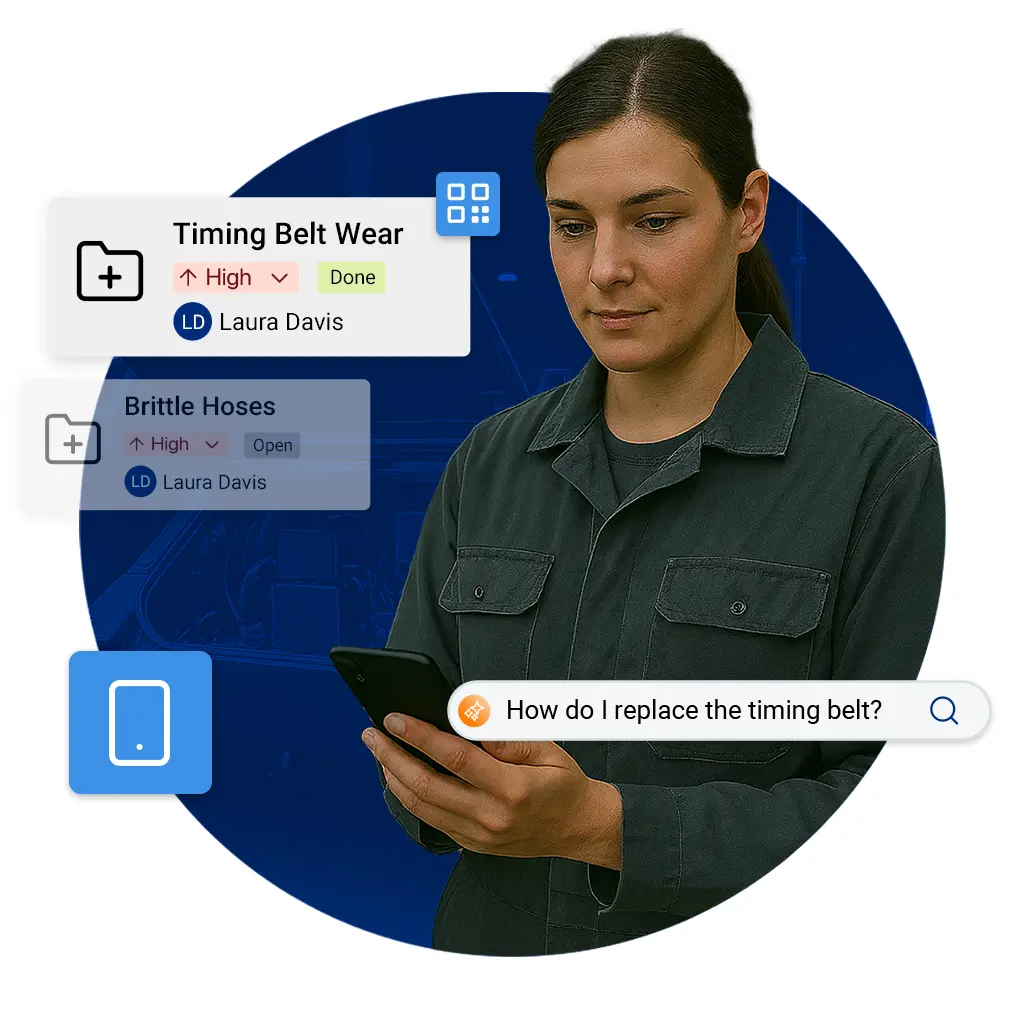 A technician holds a smartphone in a workshop, surrounded by digital overlays including alerts for timing belt wear, porous hoses, and a search input for an AI chatbot asking how to replace the timing belt.
