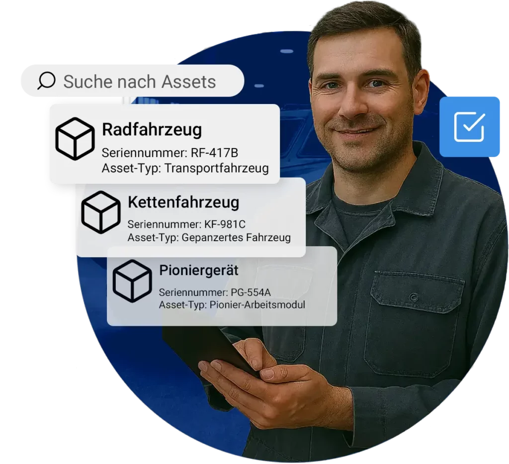 Techniker hält ein Tablet, während über ihm ein Suchmenü der Maintastic Instandhaltungssoftware eingeblendet ist. Die Suche listet verschiedene Assets wie Radfahrzeug, Kettenfahrzeug und Pioniergerät mit Seriennummern und Typbezeichnungen