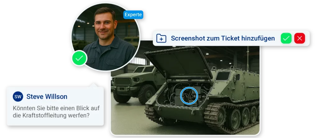 Expertenunterstützung per Video und Chat: Ein Experte gibt Hilfestellung zu einem technischen Problem, während ein geöffnetes Kettenfahrzeug in der Werkhalle gezeigt wird. Eine Annotation markiert den relevanten Bereich an der geöffneten Serviceklappe, und eine Nachricht fordert dazu auf, die Kraftstoffleitung zu überprüfen. Optionen zum Hinzufügen eines Screenshots zum Ticket sind eingeblendet.
