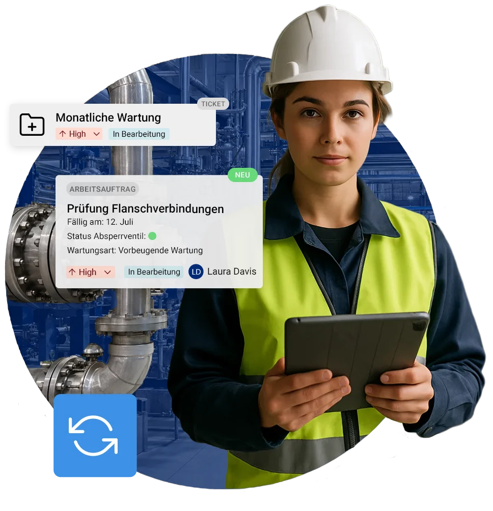 Technikerin in der Chemieanlage nutzt das Maintastic CMMS auf dem Tablet. Sie hat einen Arbeitsauftrag zur Prüfung der Flanschverbindungen an einem Absperrventil im Rahmen der vorbeugenden Wartung.