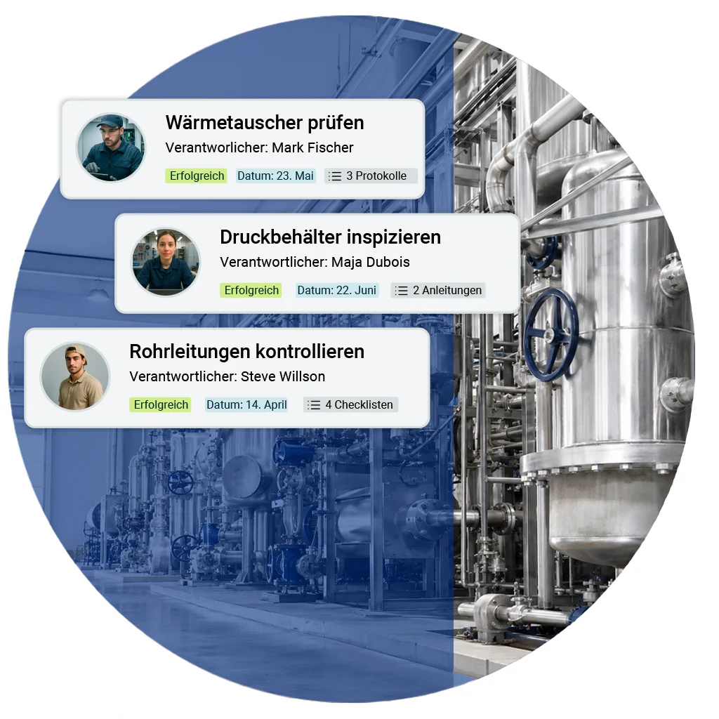 Drei erfolgreich abgeschlossene Wartungsaufträge im Maintastic CMMS – Wärmetauscher prüfen, Druckbehälter inspizieren und Rohrleitungen kontrollieren – vor dem Hintergrund einer Chemieanlage mit Tanks und Rohrleitungssystemen.