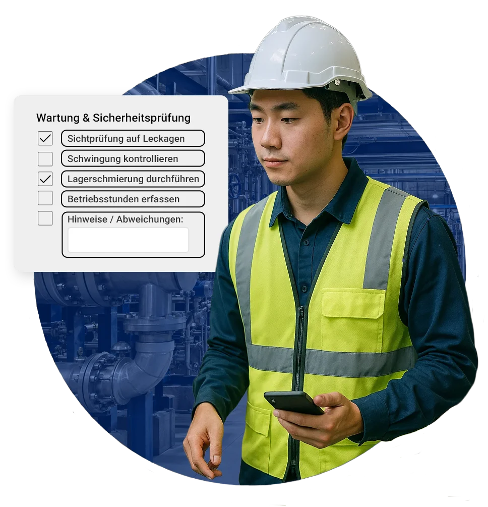Techniker in der Chemieanlage führt eine Wartung & Sicherheitsprüfung im Maintastic CMMS durch – digitale Checkliste mit Prüfschritten wie Sichtprüfung auf Leckagen, Schwingung kontrollieren, Lagerschmierung durchführen und Betriebsstunden erfassen.