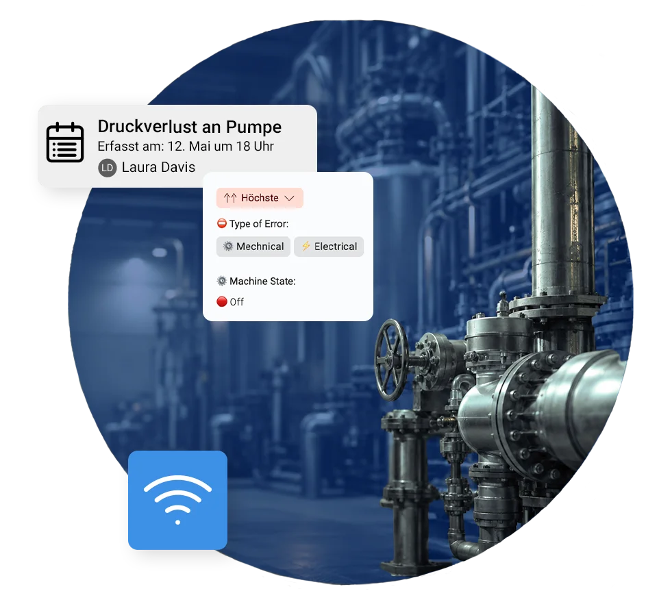 Automatisch erfasste Störmeldung im Maintastic CMMS via Condition Monitoring – Druckverlust an Pumpe mit höchster Priorität und Anlagenstatus „Off" – vor dem Hintergrund einer Chemieanlage mit Rohrleitungen und Industrieventilen.