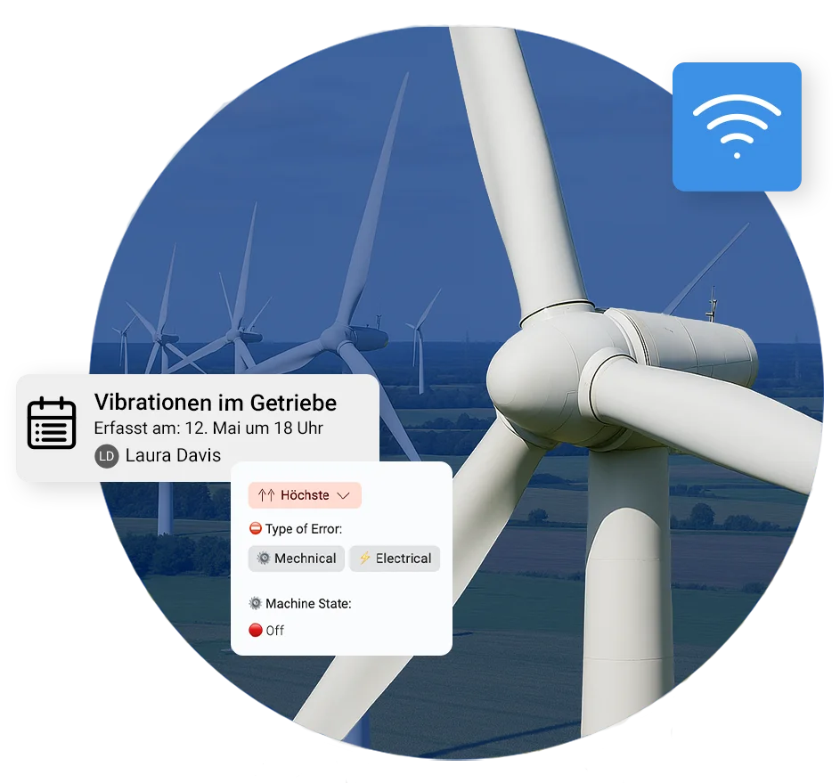 Windpark mit mehreren modernen Windkraftanlagen in einer ländlichen Landschaft; eine Turbine im Vordergrund mit UI-Overlay zu Vibrationen im Getriebe und IoT-Alarmmeldung.