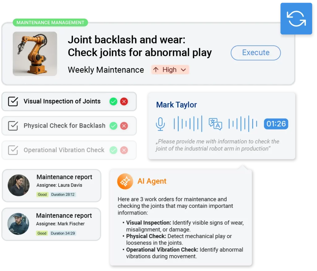 Digital maintenance dashboard for inspecting a robotic arm with instructions, checklists, technician voice message, and AI-supported analysis.