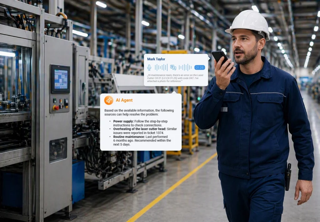 Technician walking on shopfloor while recording an issue via voice recognition on his mobile phone