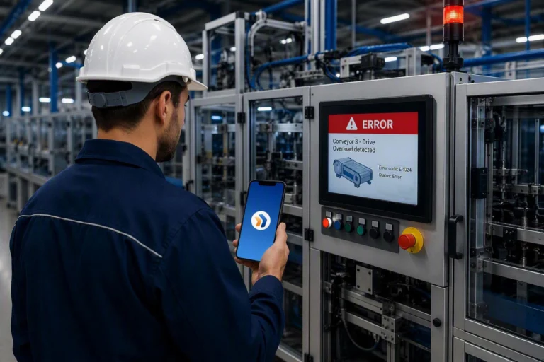 Technician is standing in front of machine with a technical issue holding his smartphone with Maintastic