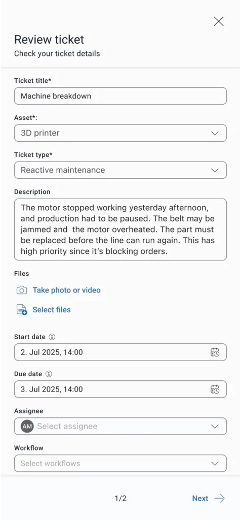 Maintastic 'Review ticket' dialog showing an auto-filled ticket title, asset, ticket type, and description generated from AI voice input
