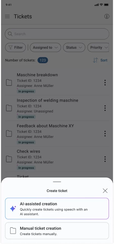 Maintastic ticket list in the background with the 'Create ticket' selection sheet open, offering a choice between AI-assisted and manual ticket creation