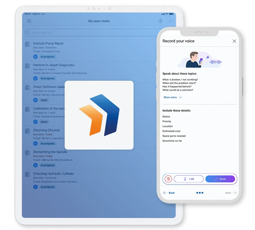 Maintastic app on tablet and smartphone: overview of open tasks and voice recording dialog for AI-assisted ticket creation with suggested topics and details