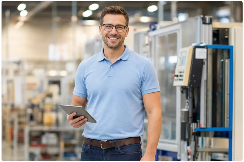 Instandhalter mit Tablet in einer modernen Produktionsumgebung – Maintastic Instandhaltungssoftware für Techniker