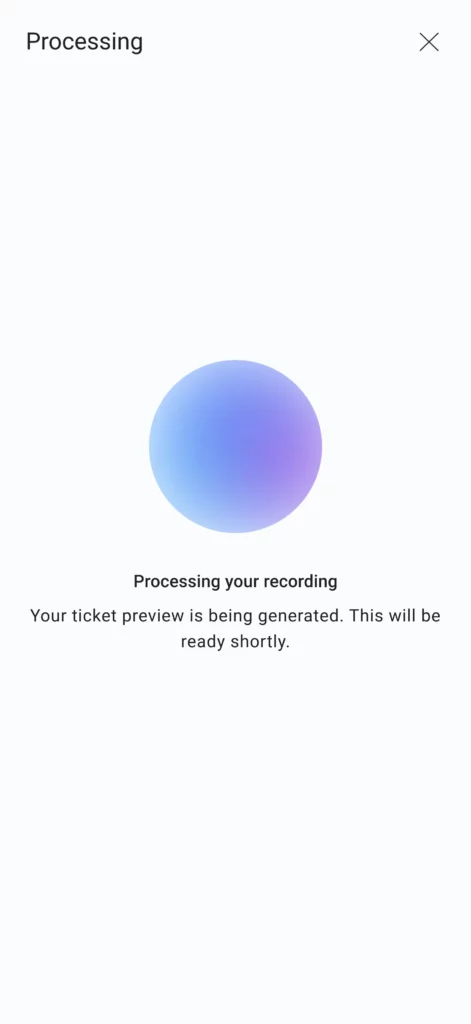 Maintastic processing screen shown while the voice recording is being converted into a ticket preview
